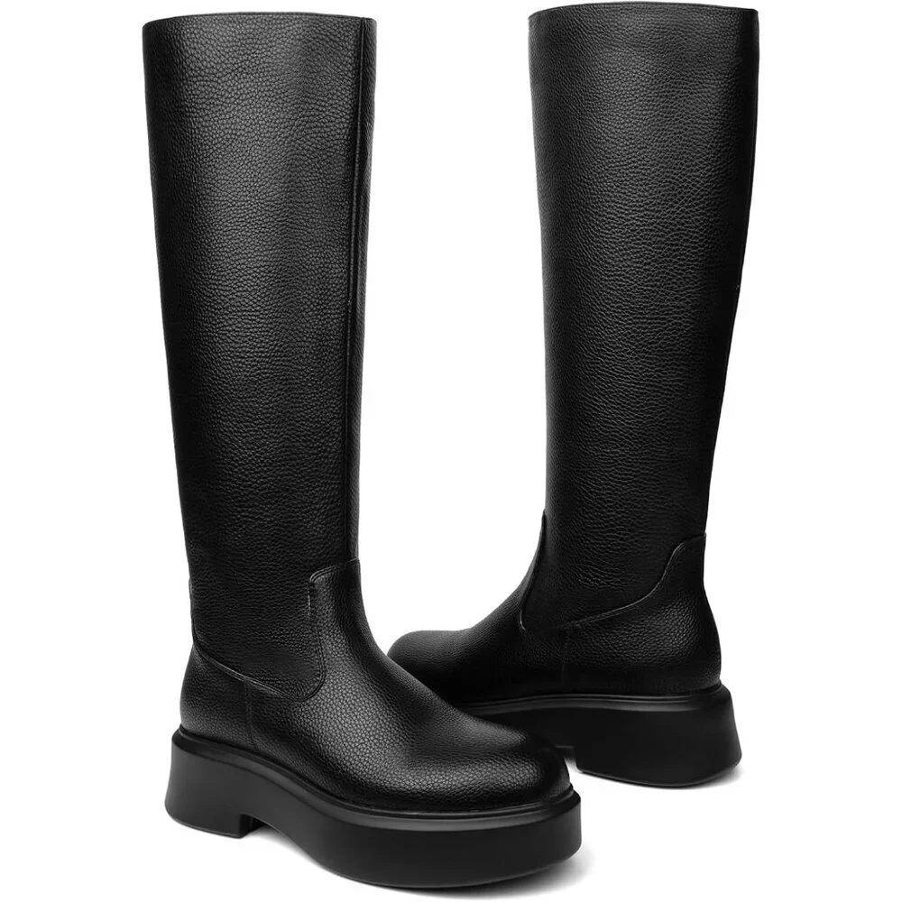 Women's Black Knee Leather Platform Chelsea Boots Front Zip Chunky Combat Bootie